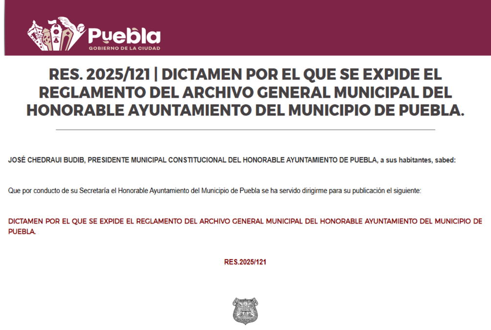 Aprobación del Reglamento del Archivo General Municipal